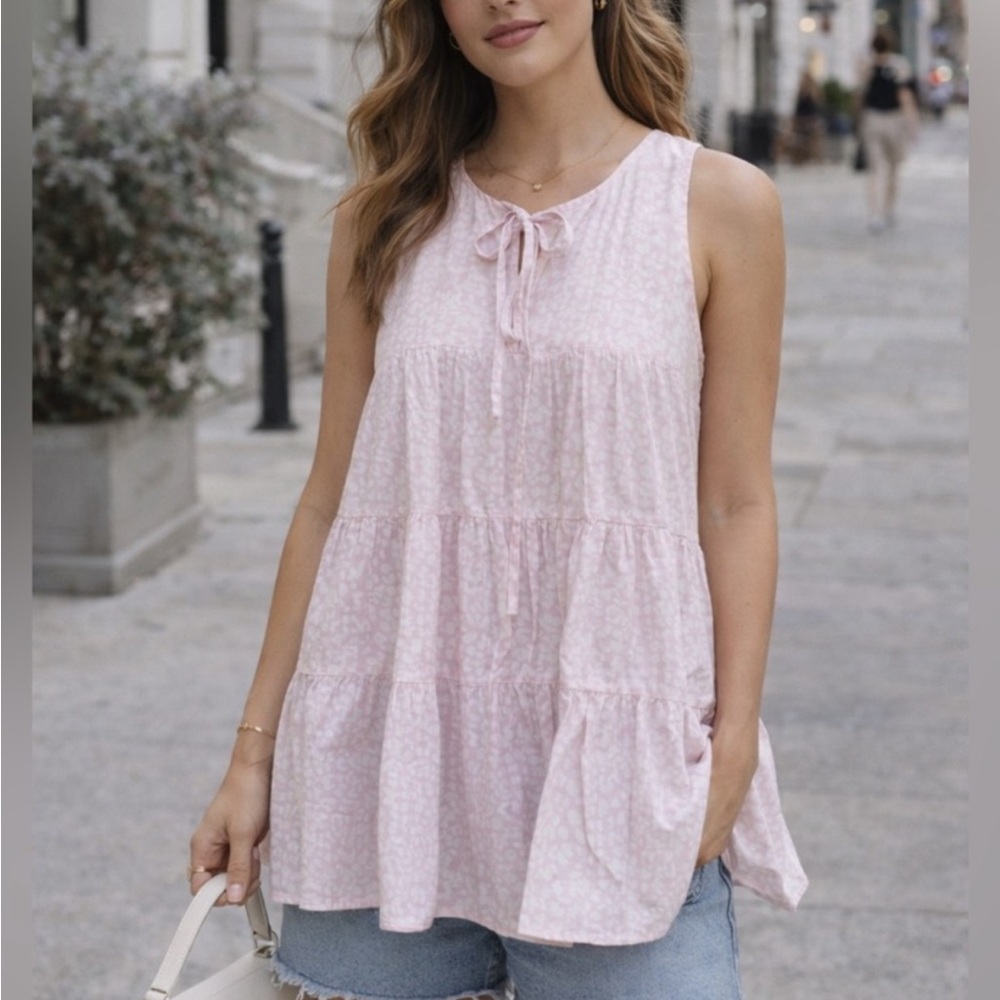 Topshop Pink White Sleeveless Tiered Tie-Neck Top Women’s Size 4